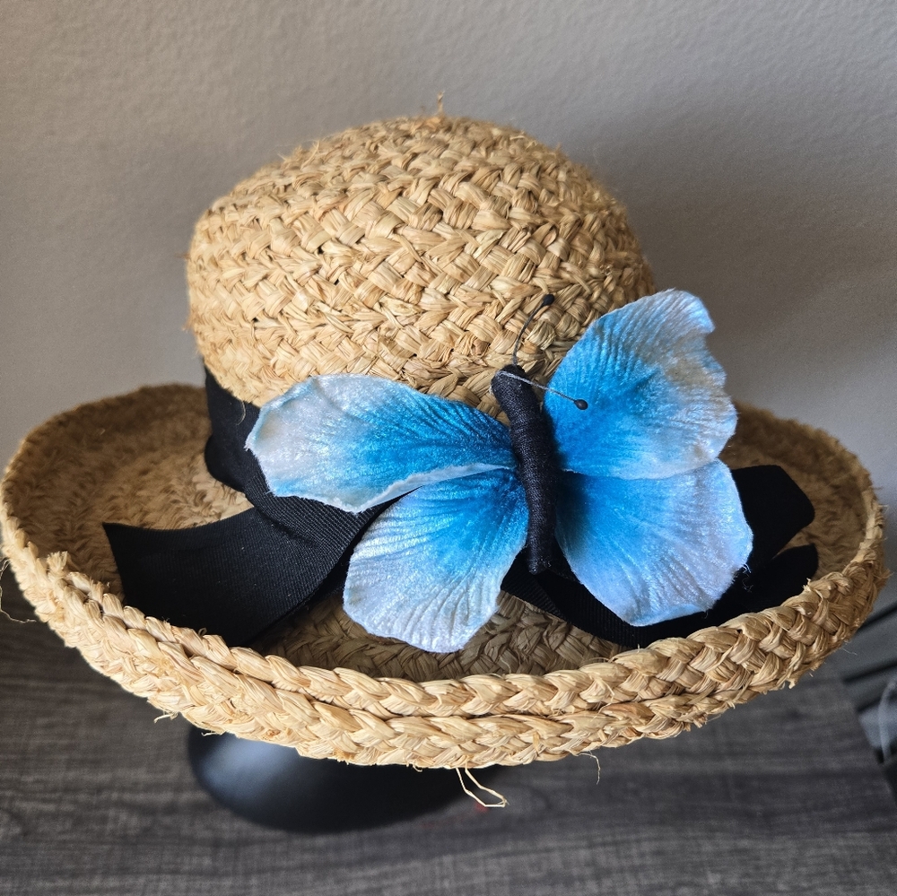 Liz Claiborne Straw Woven Raffia Sun Hat with Blue Butterfly Accent